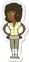 sticker of a cartoon pretty woman with hands on hips vector