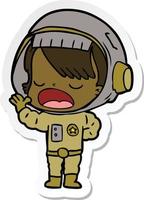 sticker of a cartoon astronaut woman explaining vector