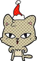 comic book style illustration of a cat wearing santa hat vector