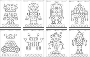 rotuladores de puntos de libros para colorear de robots para niños, diseño de personajes mecánicos. vector