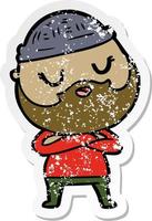 distressed sticker of a cartoon man with beard vector