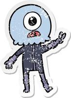 distressed sticker of a cartoon cyclops alien spaceman giving peace sign vector