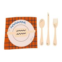 Christmas table setting. Set of elements. Plate, knife, spoon, fork, napkin. Vector hand-drawn illustration.