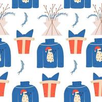 Seamless christmas pattern with ugly sweater with santa claus. Vector illustration in flat style for printing in typography