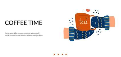 Landing page with a mug of hot tea and mittened hands. Advertising banner, design template. Vector illustration