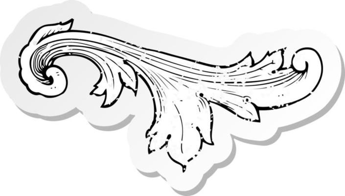 retro distressed sticker of a traditional hand drawn floral swirl