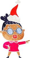 retro cartoon of a pointing woman wearing spectacles wearing santa hat vector