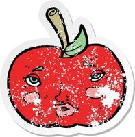 pegatina retro angustiada de una caricatura de manzana con cara vector