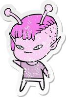 distressed sticker of a cute cartoon alien girl vector