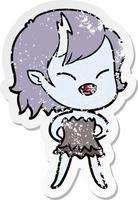 distressed sticker of a cartoon laughing vampire girl vector