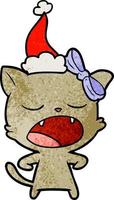 textured cartoon of a yawning cat wearing santa hat vector