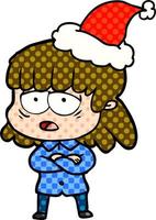 comic book style illustration of a tired woman wearing santa hat vector