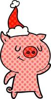 happy comic book style illustration of a pig wearing santa hat vector
