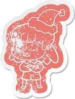 cartoon distressed sticker of a tired woman wearing santa hat vector