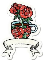 worn old sticker with banner of a cup and flowers vector