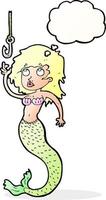 cartoon mermaid and fish hook with thought bubble vector