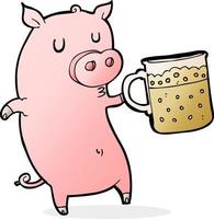 cartoon pig drinking a pint of beer vector