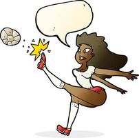 caricatura, jugador de fútbol femenino, patear, pelota, con, burbuja del discurso vector