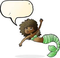 cartoon pretty mermaid waving with speech bubble vector