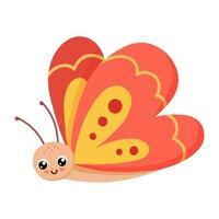 Cute red smiling butterfly isolated on white background. Funny insect for children. Flat cartoon vector illustration