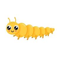 Cute yellow smiling caterpillar isolated on white background. Funny insect and garden animals for children. Flat cartoon vector illustration