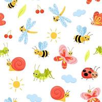 patrón sin costuras con insectos de dibujos animados. linda mariposa, saltamontes y libélula. ilustraciones vectoriales infantiles aisladas en blanco vector