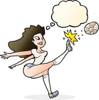 cartoon female soccer player kicking ball with thought bubble vector