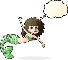 cartoon pretty mermaid waving with thought bubble vector