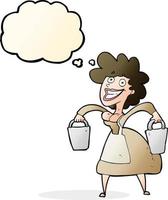 cartoon milkmaid carrying buckets with thought bubble vector