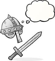 freehand drawn thought bubble cartoon medieval helmet vector