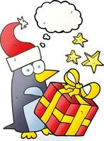 freehand drawn thought bubble cartoon christmas penguin with present vector