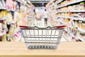 Empty Shopping basket on wood table over grocery store supermarket blur background photo