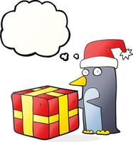 Pensamiento dibujado a mano alzada bubble cartoon christmas penguin con presente vector