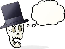 Cráneo de dibujos animados de burbuja de pensamiento dibujado a mano alzada con sombrero de copa vector
