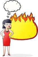 freehand drawn thought bubble cartoon woman in dress with hands on hips and flame banner vector