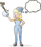 freehand drawn thought bubble cartoon female worker with coffee mug vector