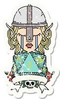 grunge sticker of a crying elf fighter character face with natural one D20 roll vector