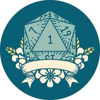 Retro Tattoo Style natural one d20 dice roll vector