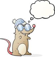 Ratón de dibujos animados de burbujas de pensamiento dibujado a mano alzada con gafas y sombrero vector