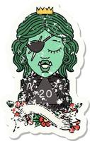 grunge sticker of a orc rogue character with natural twenty dice roll vector