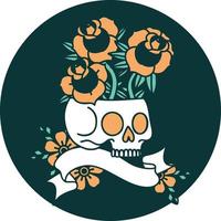 tattoo style icon with banner of a skull and roses vector