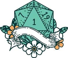 Retro Tattoo Style natural one d20 dice roll vector