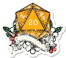 grunge sticker of a natural twenty D20 dice roll vector