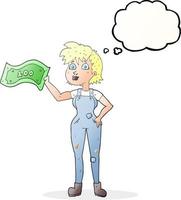 Pensamiento dibujado a mano alzada bubble cartoon seguro granjero mujer con dinero vector