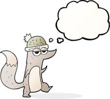 freehand drawn thought bubble cartoon little wolf wearing hat vector