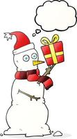 freehand drawn thought bubble cartoon snowman holding present vector