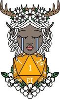 Retro Tattoo Style crying elf druid character face with natural one D20 roll vector