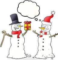 freehand drawn thought bubble cartoon snowmen exchanging gifts vector