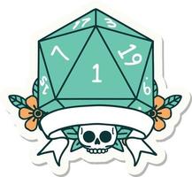 sticker of a natural one d20 dice roll vector