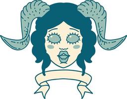 Retro Tattoo Style tiefling character face with scroll banner vector